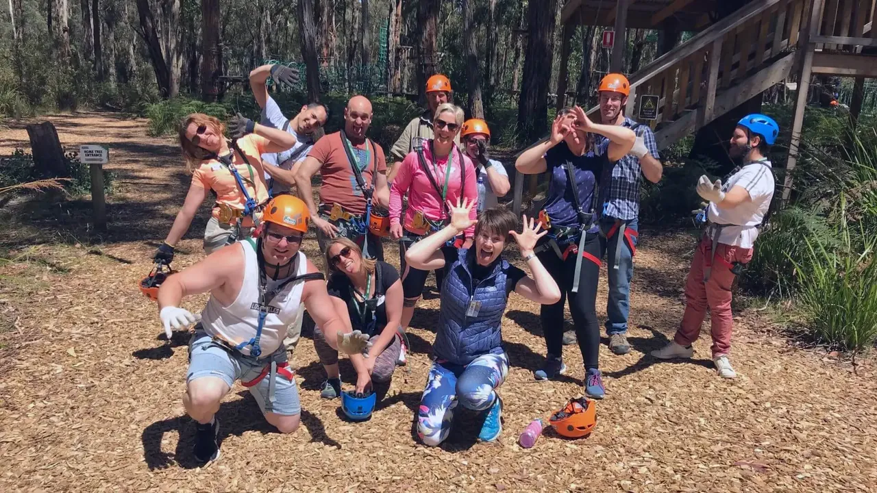 Singles group having fun at Trees Adventure